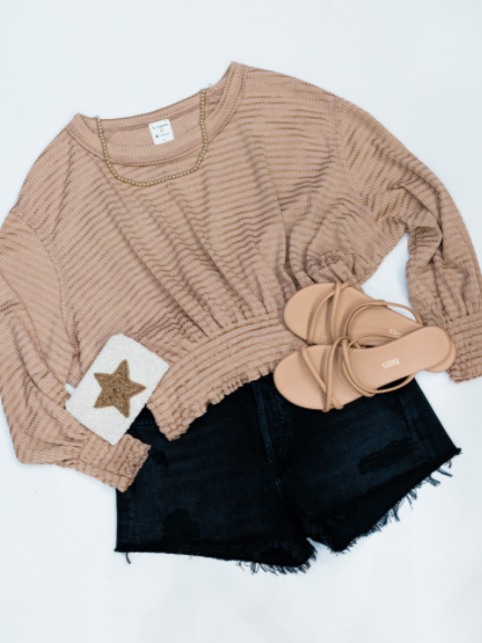 Long Sleeve Smocked Waist Top - Taupe